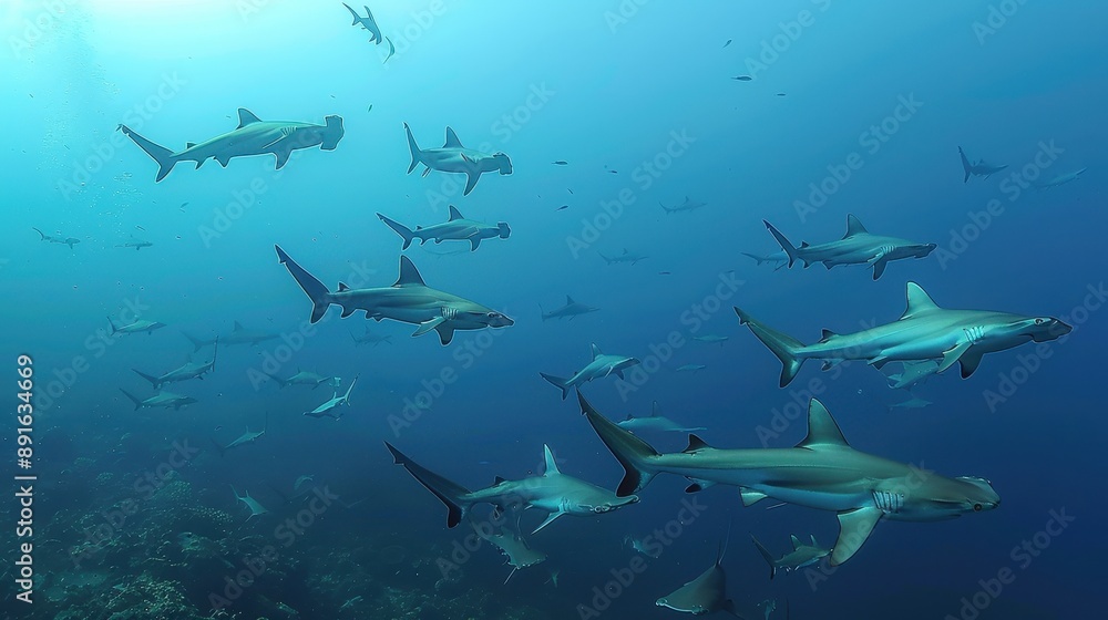 School of Hammerhead Sharks Gliding Through Ocean Depths School of Hammerhead Sharks Gliding Through Ocean Depths