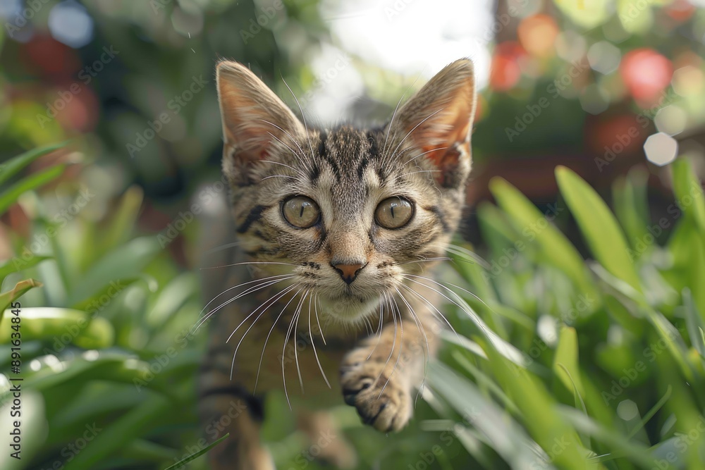 A Tabby Kitten Peeking Through Lush Green Foliage A Tabby Kitten Peeking Through Lush Green Foliage