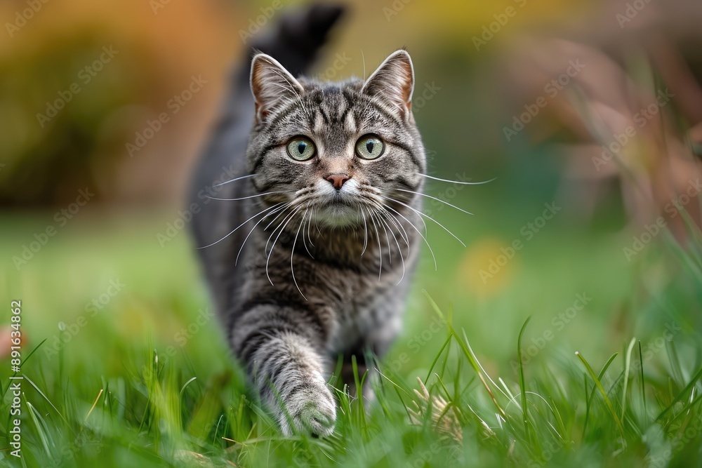 A Tabby Cat With Green Eyes Steps Through Lush Green Grass A Tabby Cat With Green Eyes Steps Through Lush Green Grass