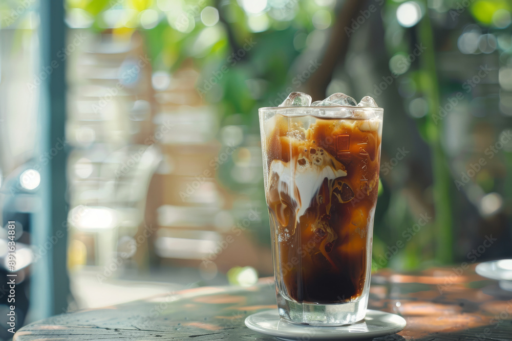 A refreshing glass of iced coffee, topped with milk swirls, sits on a table glistening in the soft morning sunlight in a cozy outdoor setting. A refreshing glass of iced coffee, topped with milk swirls, sits on a table glistening in the soft morning sunlight in a cozy outdoor setting.
