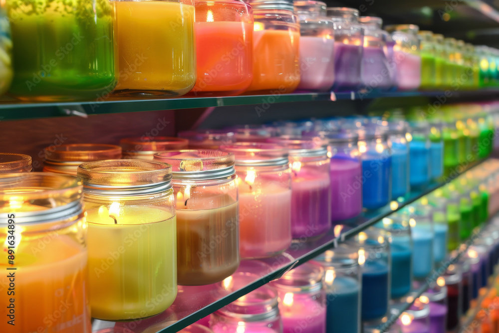 Shelves filled with an extensive collection of vibrant candles, each candle illuminating the space with its soothing, warm glow. Shelves filled with an extensive collection of vibrant candles, each candle illuminating the space with its soothing, warm glow.