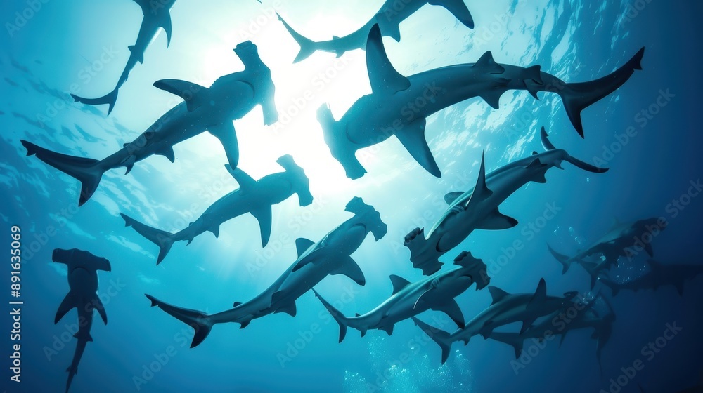 Obraz premium Majestic Group of Hammerhead Sharks Swimming in the Ocean Depths