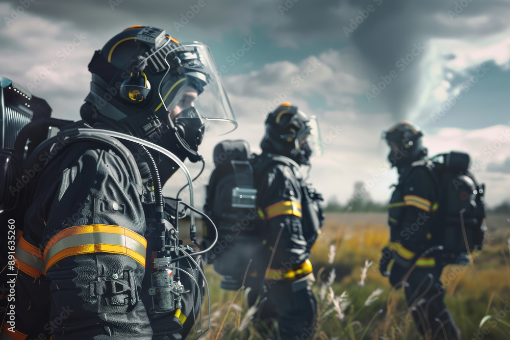 Fototapeta premium Firefighters in black protective gear in an open field, alert and ready for action, with a looming tornado in the background.