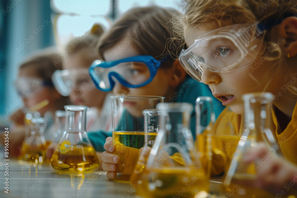 A group of children wearing protective glasses, intently observing scientific experiments in a classroom with flasks filled with colored liquid. A group of children wearing protective glasses, intently observing scientific experiments in a classroom with flasks filled with colored liquid.