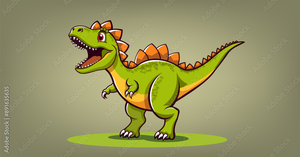 Obraz premium Vector illustration. Cartoon cute funny green dinosaur Tyrannosaurus rex with an open toothy mouth. Childrens toy lizard. Animal of prehistoric period.