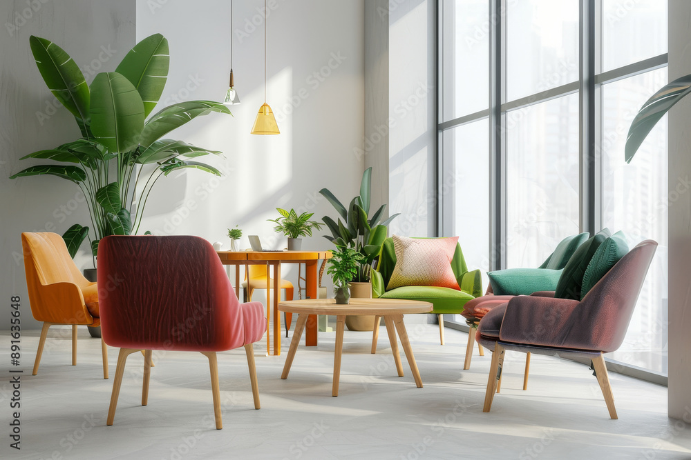 Fototapeta premium A modern, cozy lounge area with colorful chairs, green plants, and ample natural light streaming through large windows.