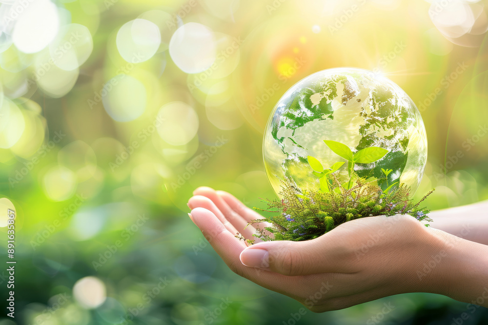 A person's hands cradling a small globe with growing plants, symbolizing sustainability, environmental care, and the nurturing of our planet amidst a lush green backdrop. A person's hands cradling a small globe with growing plants, symbolizing sustainability, environmental care, and the nurturing of our planet amidst a lush green backdrop.