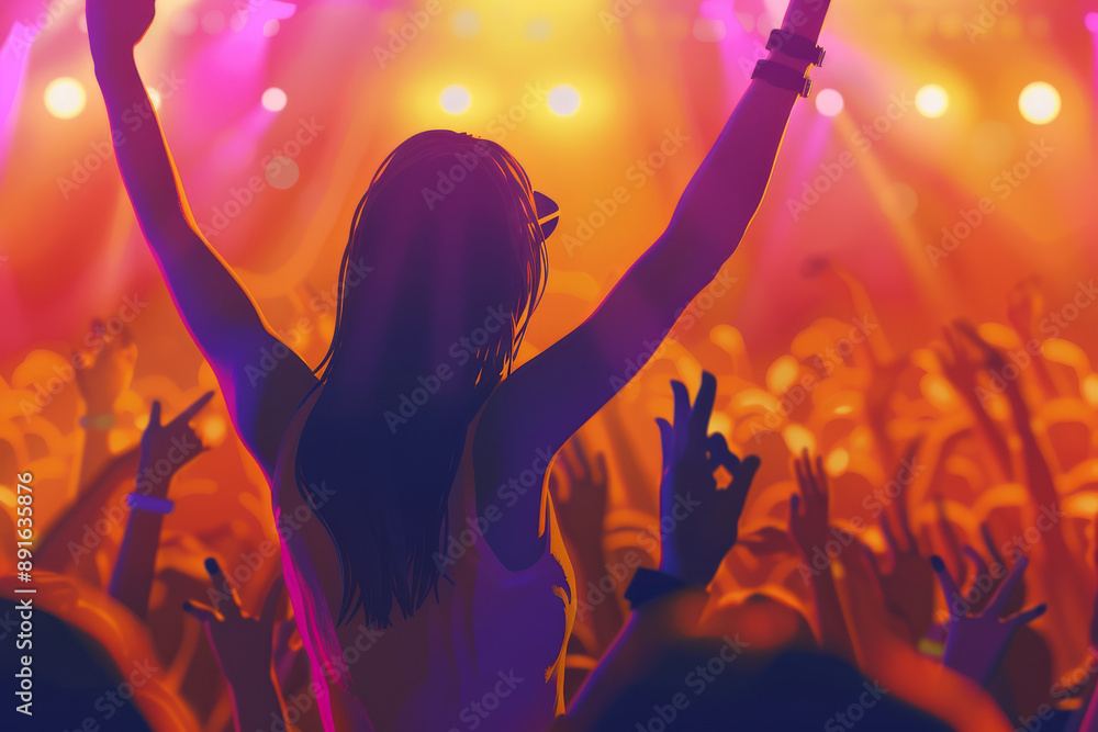Silhouette of a person cheering at a colorful, vibrant concert with a lively atmosphere, creating a sense of unity and joy. Silhouette of a person cheering at a colorful, vibrant concert with a lively atmosphere, creating a sense of unity and joy.