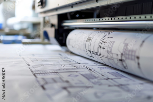 A close-up view of architectural blueprints being produced by a large-format printer, highlighting the precision and importance of the architectural design process.