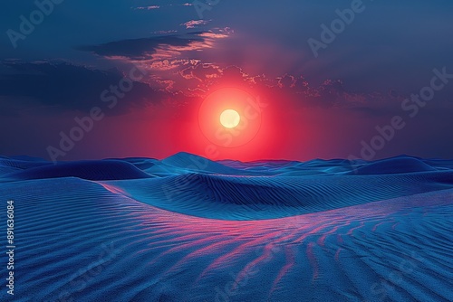 A large red sun sets over a vast blue desert landscape photo