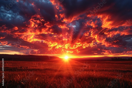 A fiery sunset casts long shadows across a field of tall grass