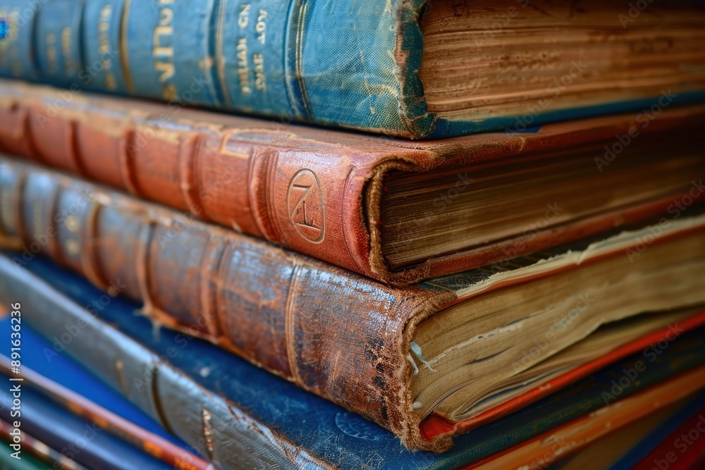 A close-up of a stack of textbooks with subjects like math, science, and history, ready for the new school year A close-up of a stack of textbooks with subjects like math, science, and history, ready for the new school year