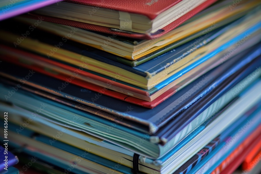 A close-up of a stack of textbooks with subjects like math, science, and history, ready for the new school year A close-up of a stack of textbooks with subjects like math, science, and history, ready for the new school year