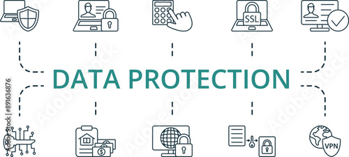 Data Protection thin line icon set. Monochrome simple Data Protection icon collection. Antivirus, Online Privacy, Access Control, Ssl, Verification, Digital Key, Security Payment, Network Security