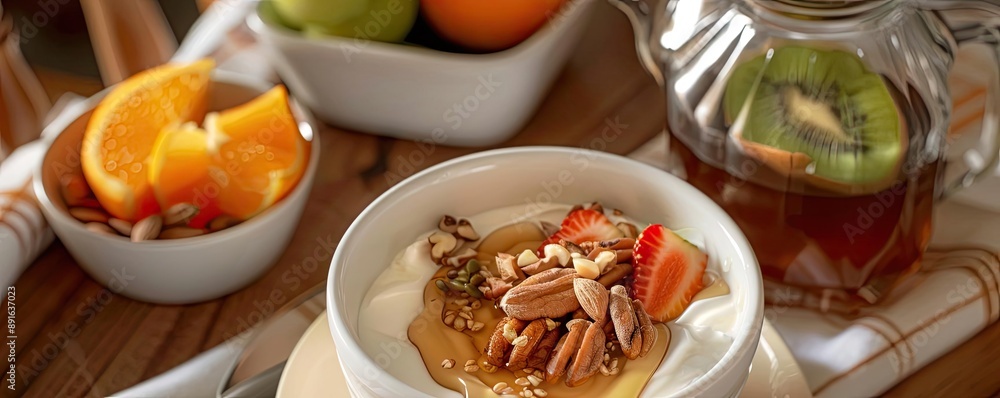 A delicious healthy breakfast with yogurt, nuts, fresh fruits, and honey on a table setting, perfect for a nutritious start to the day.