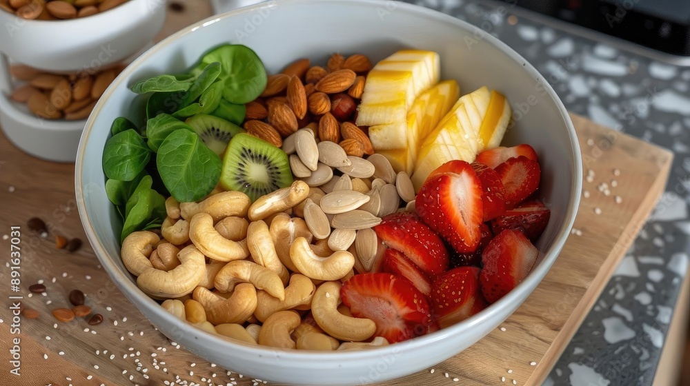 Healthy bowl of fresh fruits and nuts on wooden board, featuring strawberries, kiwi, pineapple, cashews, and almonds. Healthy bowl of fresh fruits and nuts on wooden board, featuring strawberries, kiwi, pineapple, cashews, and almonds.