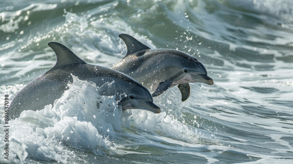 Obraz premium Playful Dolphins Frolicking in the Surf Along the Shoreline