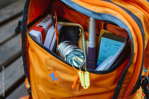 A school bag with an integrated emergency kit including a flashlight and first aid supplies.
