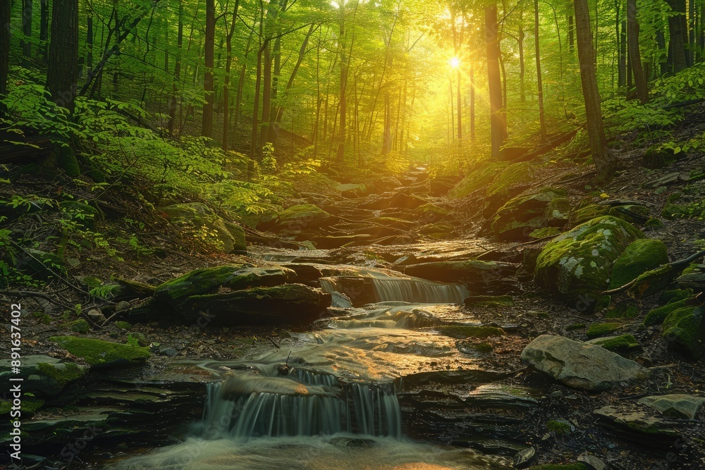 Obraz premium Sunlight Illuminates a Tranquil Forest Stream