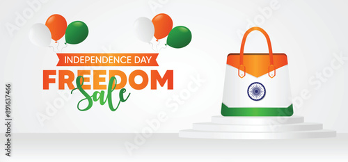 Freedom sale for Independence day of India shopping bag on podium vector poster