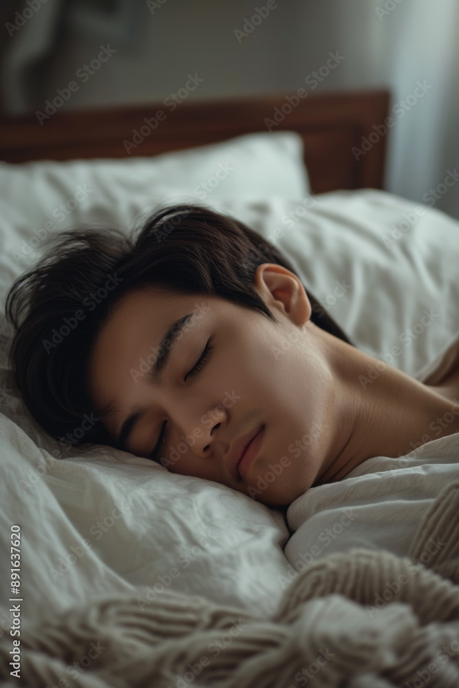 Peaceful Young Man Sleeping in Bed with Cozy Blanket in Serene Morning Light Peaceful Young Man Sleeping in Bed with Cozy Blanket in Serene Morning Light