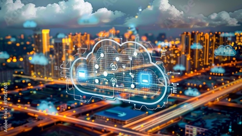 Cloud computing concept. Smart city. Communication network with cloud logistics transportation