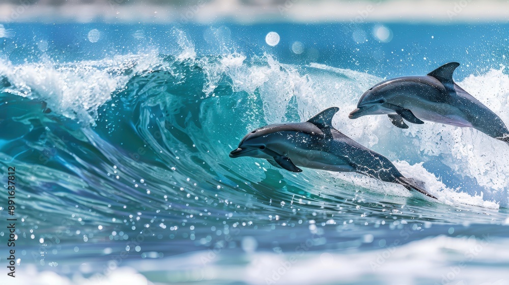 Fototapeta premium Playful Dolphins Frolicking in the Surf by the Shoreline