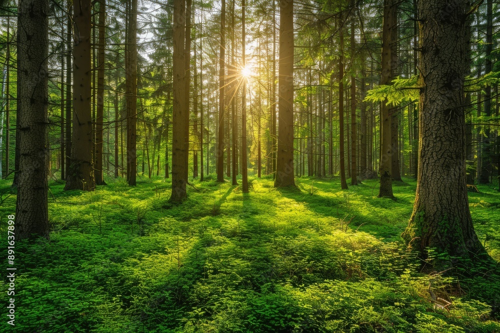 Fototapeta premium Sunbeams Illuminating a Lush Forest Floor