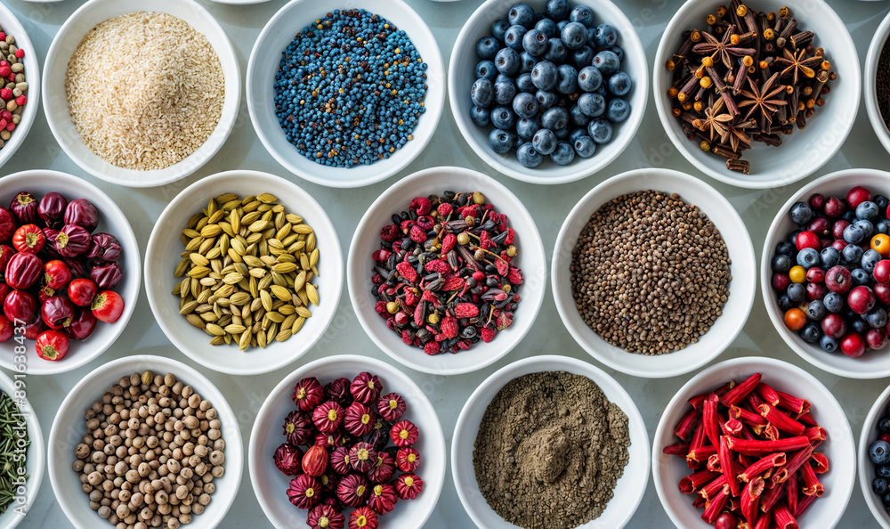 spices and herbs and berries in white ceramic bowl seen from above spices and herbs and berries in white ceramic bowl seen from above