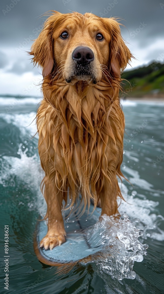 Dog surfing on a wave on the ocean, sea in summer, vacation holidays concept Dog surfing on a wave on the ocean, sea in summer, vacation holidays concept