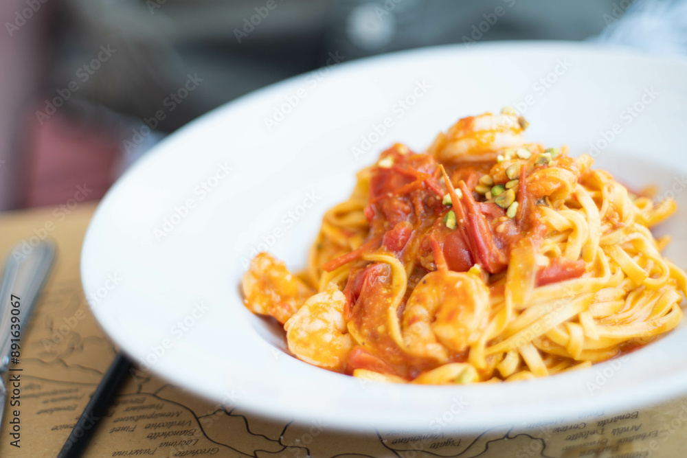 White plate of Fettuccine pasta with shrimps, tomatoes and pistachios in a restaurant White plate of Fettuccine pasta with shrimps, tomatoes and pistachios in a restaurant
