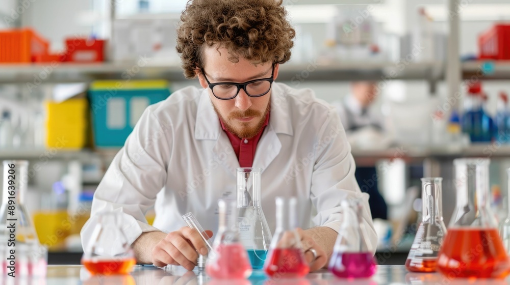 Serious looking male scientist meticulously conducting complex scientific experiments and research in a well equipped university or college laboratory setting Serious looking male scientist meticulously conducting complex scientific experiments and research in a well equipped university or college laboratory setting
