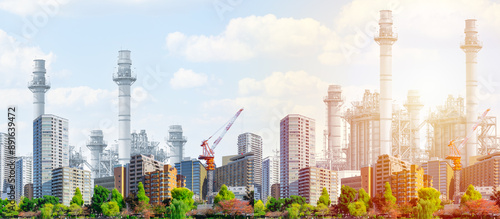 Bilde på lerret Modern green developed country city metro with Power plant Industry factory or petroleum plant background wide for banner