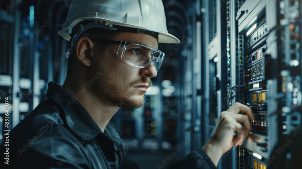 A focused data center technician, donned in protective gear, carefully examines the server lights and connections in low lighting.