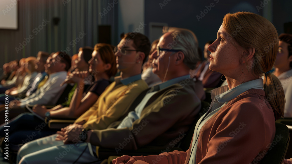 A focused audience sitting attentively in a dimly lit room, engrossed in a presentation or performance. A focused audience sitting attentively in a dimly lit room, engrossed in a presentation or performance.