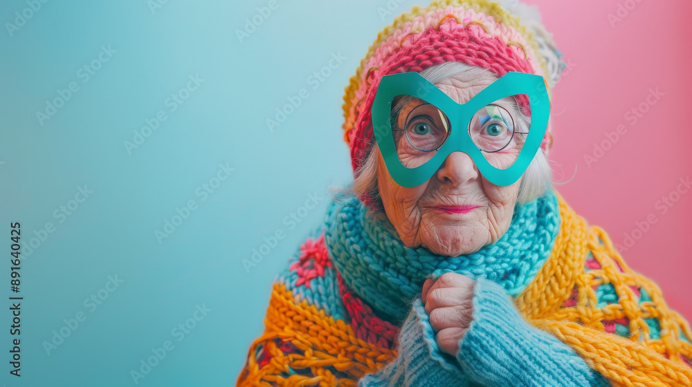 An elderly woman donned in a cozy knitted outfit and a teal superhero mask, with a cheerful expression against a pastel pink and blue gradient background. An elderly woman donned in a cozy knitted outfit and a teal superhero mask, with a cheerful expression against a pastel pink and blue gradient background.