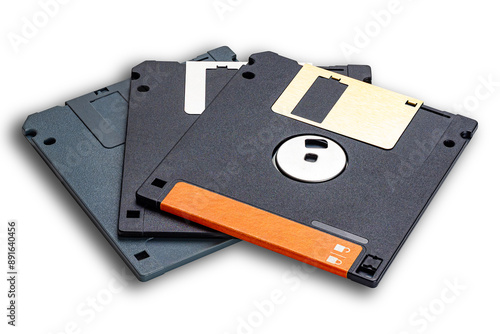 High angle view pile of old storage technology diskette for old computer isolated on white background with clipping path.