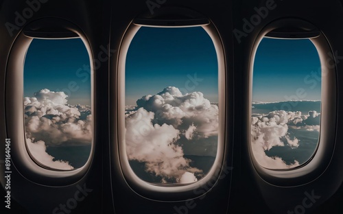 the windows of an airplane from inside on white background