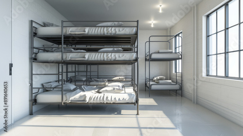 A spacious dorm room with metal bunk beds and crisp white bedding, illuminated by the glow from multiple windows for a serene vibe.