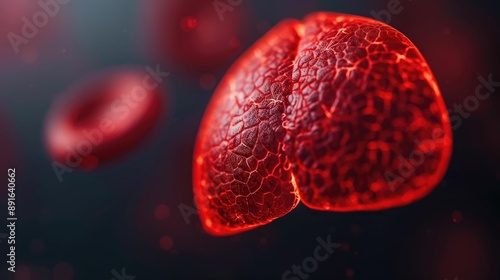 Intricate Liver Cell Graphic with Vibrant Red Hues A digitally image showcasing the complex structure and function of the liver with a deep depth of field and striking symmetrical pattern