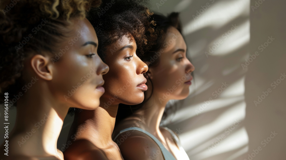 Three women standing side by side with eyes closed in a soft light, casting gentle shadows on their serene faces. Three women standing side by side with eyes closed in a soft light, casting gentle shadows on their serene faces.