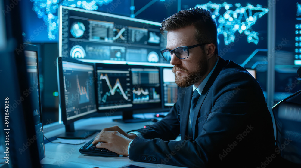 A focused professional manages multiple datasheets on a high-tech control panel, showcasing concentration and expertise in a dimly lit room. A focused professional manages multiple datasheets on a high-tech control panel, showcasing concentration and expertise in a dimly lit room.