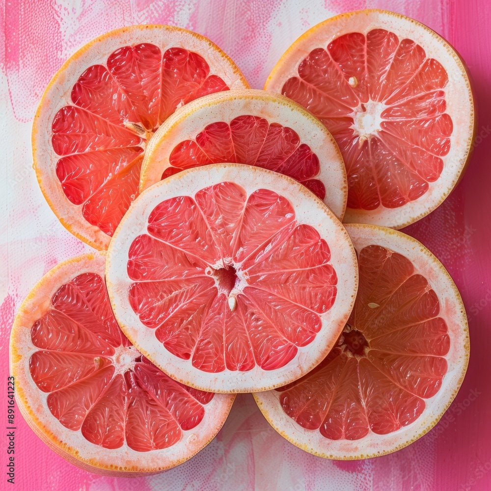 Overhead shot of several pink grapefruit slices arranged in a circle Overhead shot of several pink grapefruit slices arranged in a circle