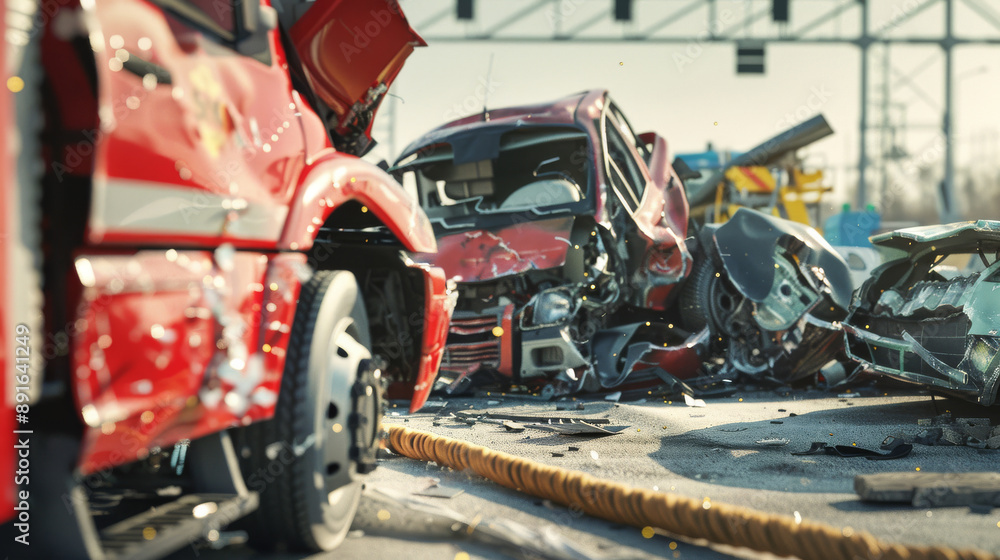 A devastating multi-vehicle accident scene showing crumpled cars amidst debris under an overpass, a fire engine prominently featuring in the foreground. A devastating multi-vehicle accident scene showing crumpled cars amidst debris under an overpass, a fire engine prominently featuring in the foreground.