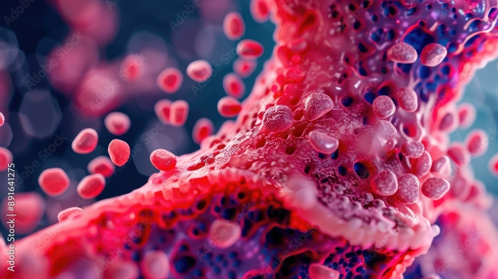 Highly detailed and magnified showcasing the intricate structure and hormone production process within the thyroid gland Highly detailed and magnified showcasing the intricate structure and hormone production process within the thyroid gland