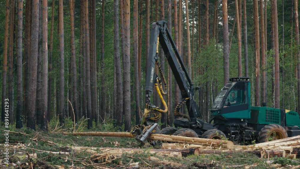 Heavy Harvester Machine Sawing A Pine Trunk Into Logs. Industrial Harvester Vehicle Operated By A Male Worker During Log Sawing Process. Harvester Log Saw Machine Lumbering Process. Heavy Harvester Machine Sawing A Pine Trunk Into Logs. Industrial Harvester Vehicle Operated By A Male Worker During Log Sawing Process. Harvester Log Saw Machine Lumbering Process.