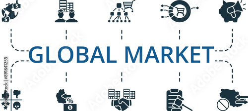 Global Market icon set. Monochrome simple Global Market icon collection. Distributor, Foreign Branch, Hard Currency, Industrial Goods, Market Potential, Swot Analysis, Protective Tariffs, Strategic