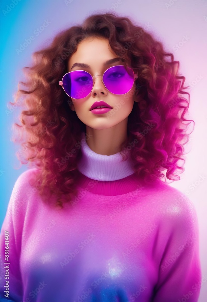 Attractive curly woman in purple cashmere sweater and fuchsia sunglasses poses on isolated wall Attractive curly woman in purple cashmere sweater and fuchsia sunglasses poses on isolated wall