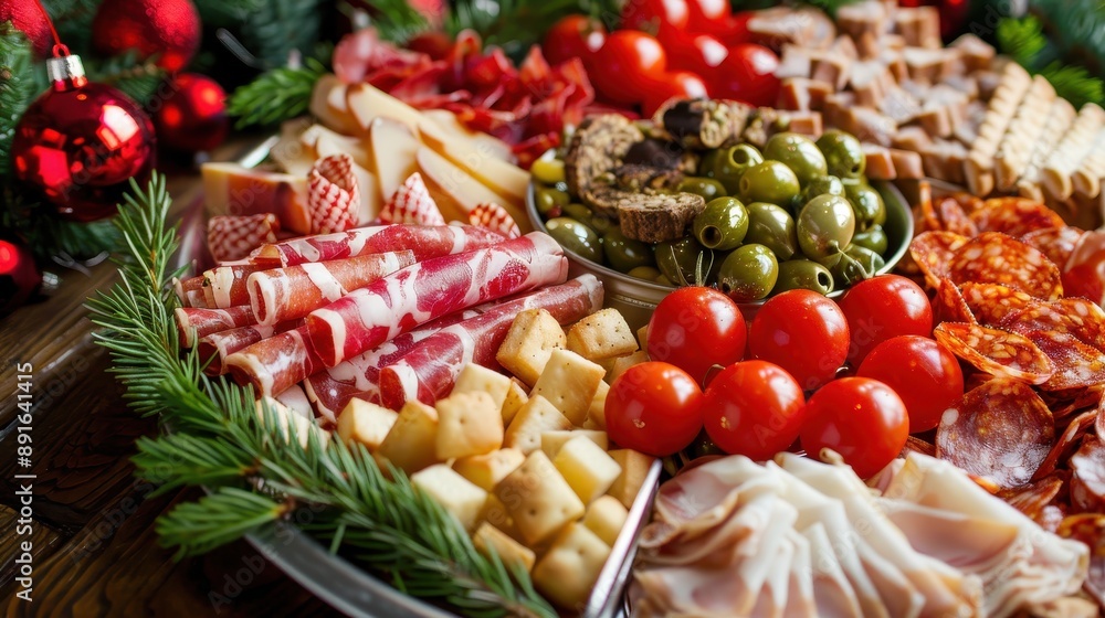 Festive charcuterie board with meats, cheeses, olives, and tomatoes, perfect for holiday gatherings and celebrations. Festive charcuterie board with meats, cheeses, olives, and tomatoes, perfect for holiday gatherings and celebrations.