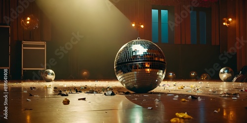 A dimly lit empty hall with a large disco ball and scattered garbage on the floor, remnants of a party, creating a moody and deserted atmosphere. photo